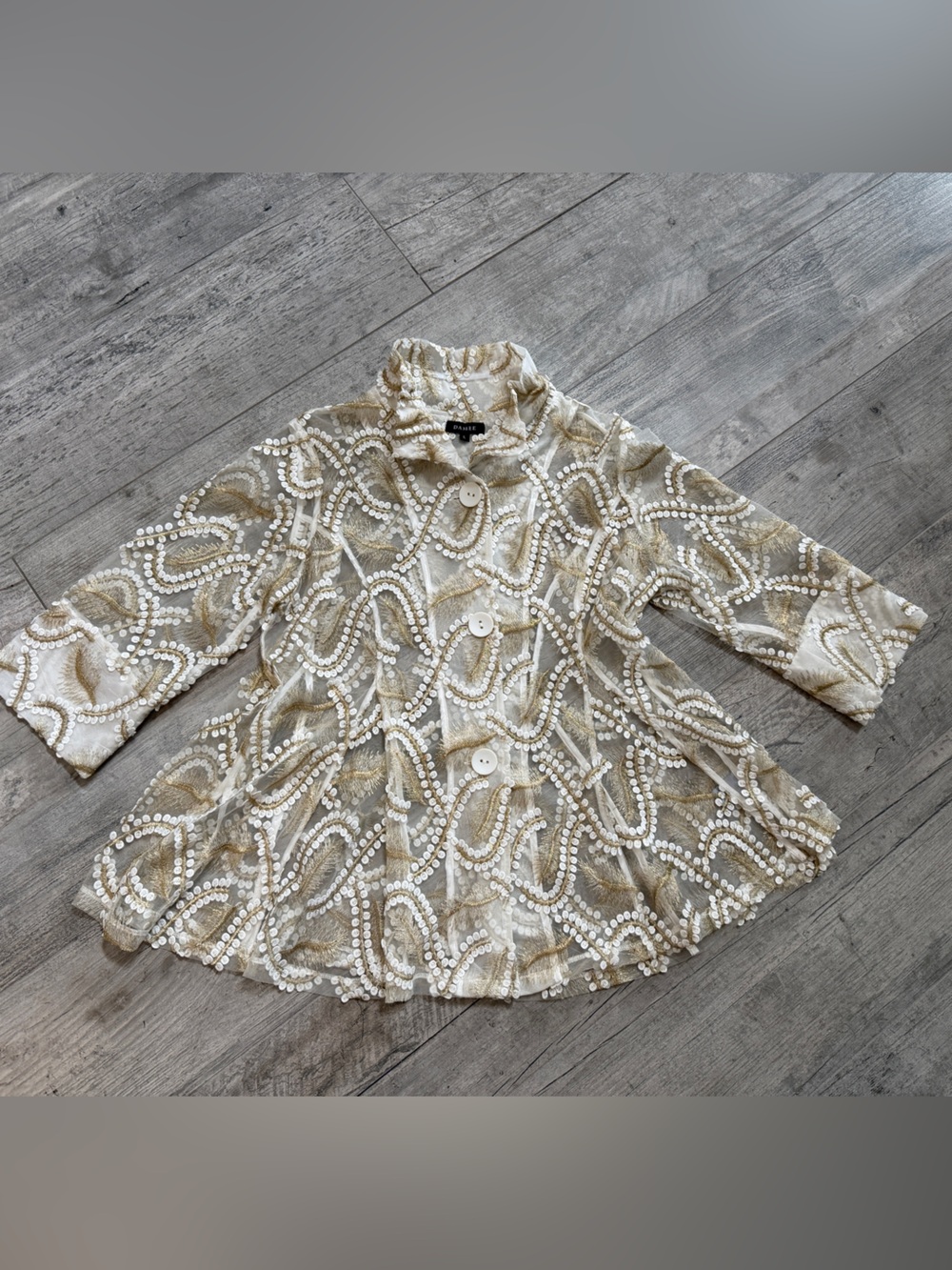 Damee Vintage Coastal Grandma Gold Metallic Embroidered Sheer Statement Jacket